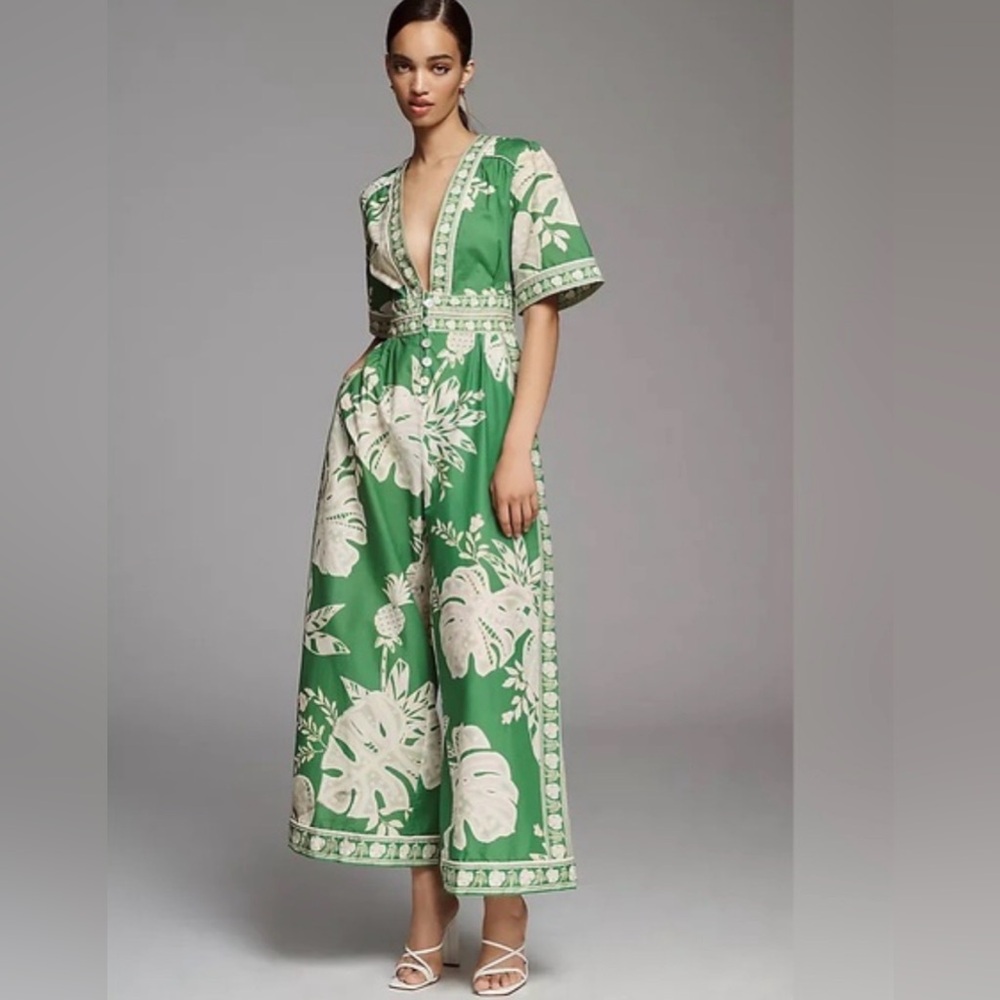 FARM Rio Green and Cream Floral Wide-Leg Jumpsuit - Picture 2 of 5